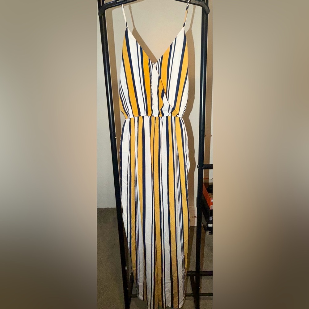 Striped Wide Leg Jumpsuit Mustard Yellow White Navy XL